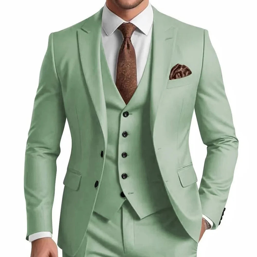Suit (Blazer+ Vest + Trousers) Men's Fashionable Gentleman Business British Style Solid-color Banquet Host Casual Wedding Suit