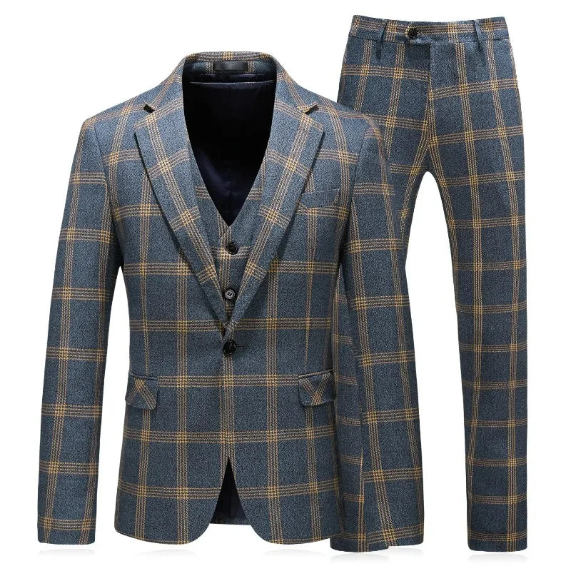 Men 3-piece Suit Outfit Single-breasted Blazer Man V-neck Vest Stright-leg Pant Male Retro Plaid Slim Business Wedding Suits