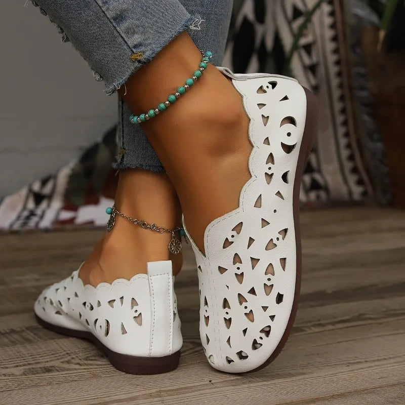 2025 Women Flat Shoes Genuine Leather Woman Pointed Toe Flats Summer Lady Hollow Out Loafers Women Shoes Sandals