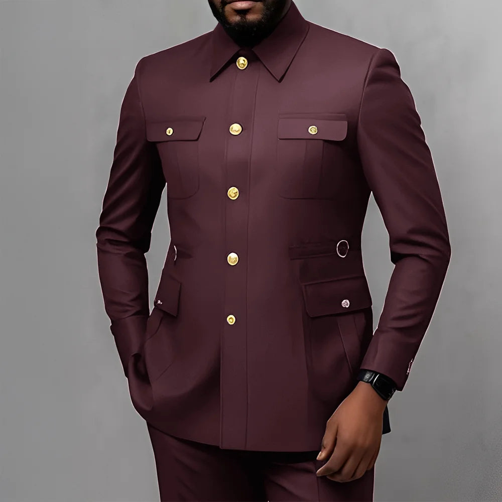 Men's 2-Piece Formal Suit, Utility Style, Golden Buttons, Suit + Trousers Combination, Fashionable Business Use