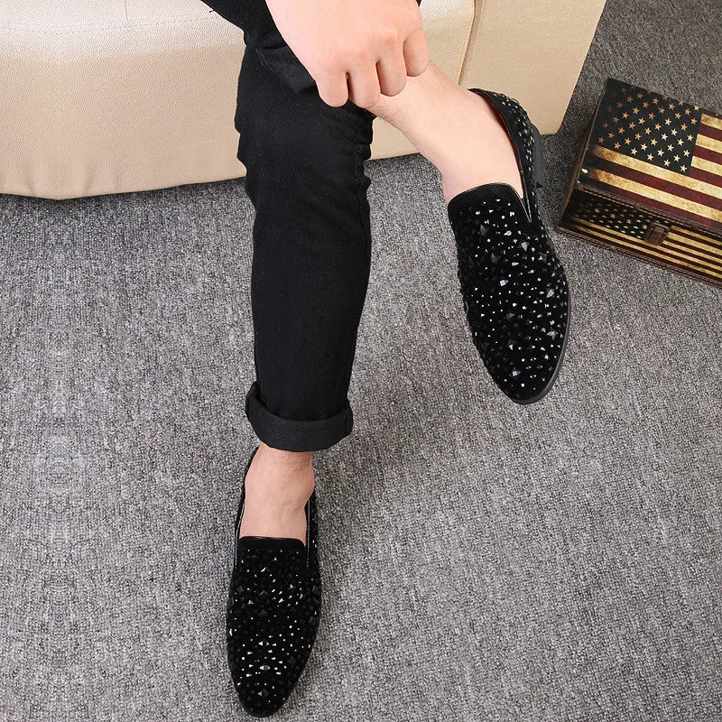 Dress Shoes for Men Luxury Pointed Toe Black Loafers Denim Metal Sequins Shoes Fashion High Quality Men Party Wedding Shoes New