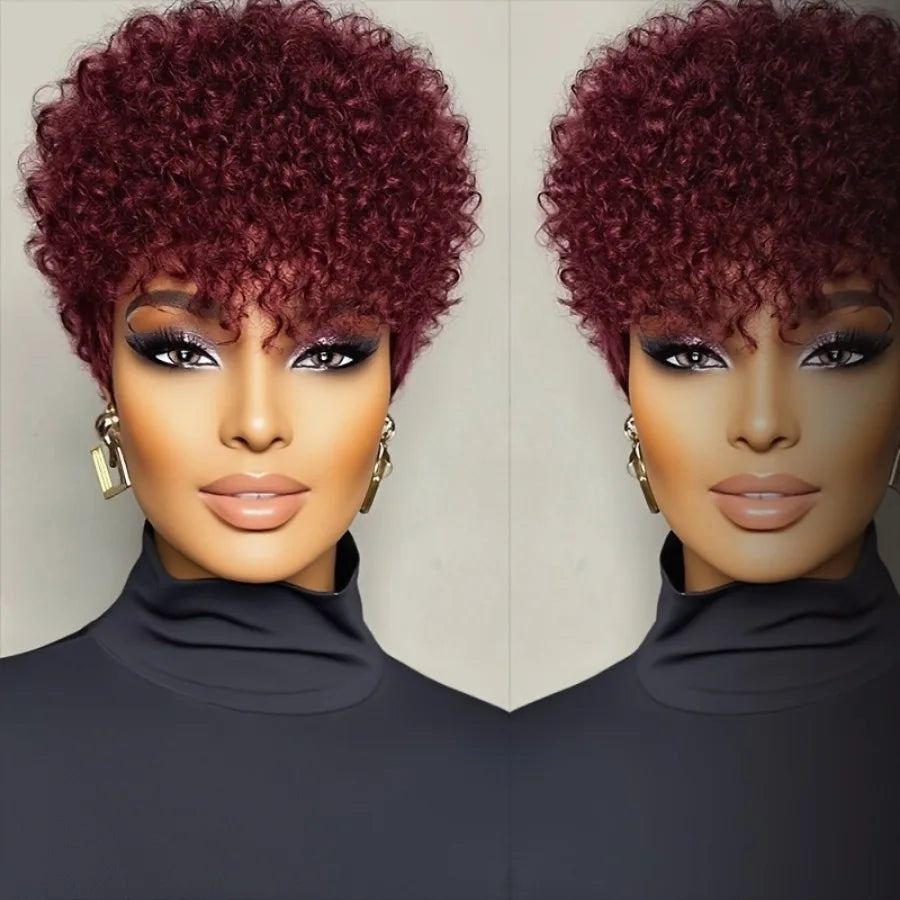 Women'S Brazilian Remy Human Hair Wig -full machine made Natural Look Short Kinky Curly Afro Texture, Voluminous Curly Hair,