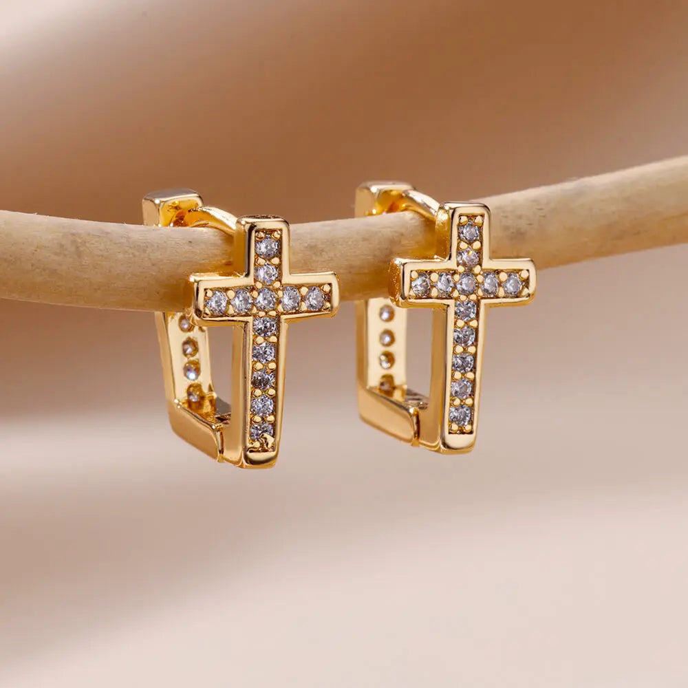 CZ Zircon Cross Hoop Earrings For Women Stainless Steel Hip Hop Punk Small Geometric Round Earrings Religion Jewelry Gift