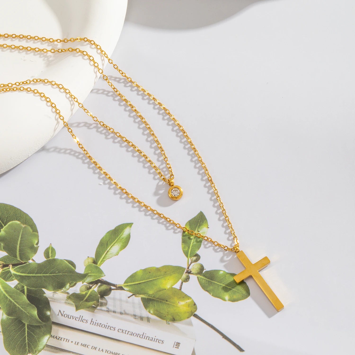 Layered Necklace for Women, Stackable Double pendant with CZ & Cross, Stainless Steel Waterproof Hypoallergenic Trendy Jewelry