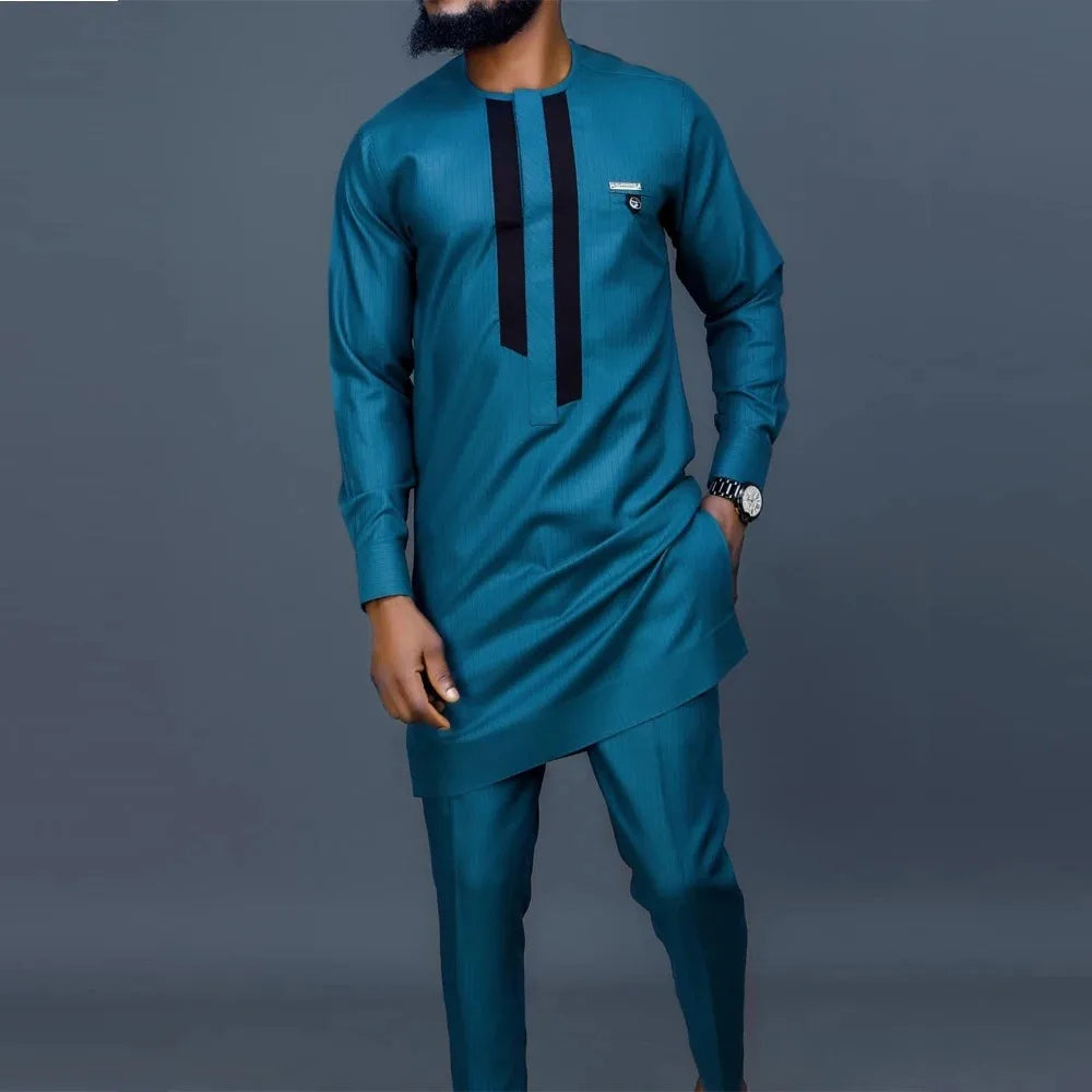 African traditional dress men's suit Long sleeve ethnic style printed patchwork shirt casual pants 2 piece holiday casual suit