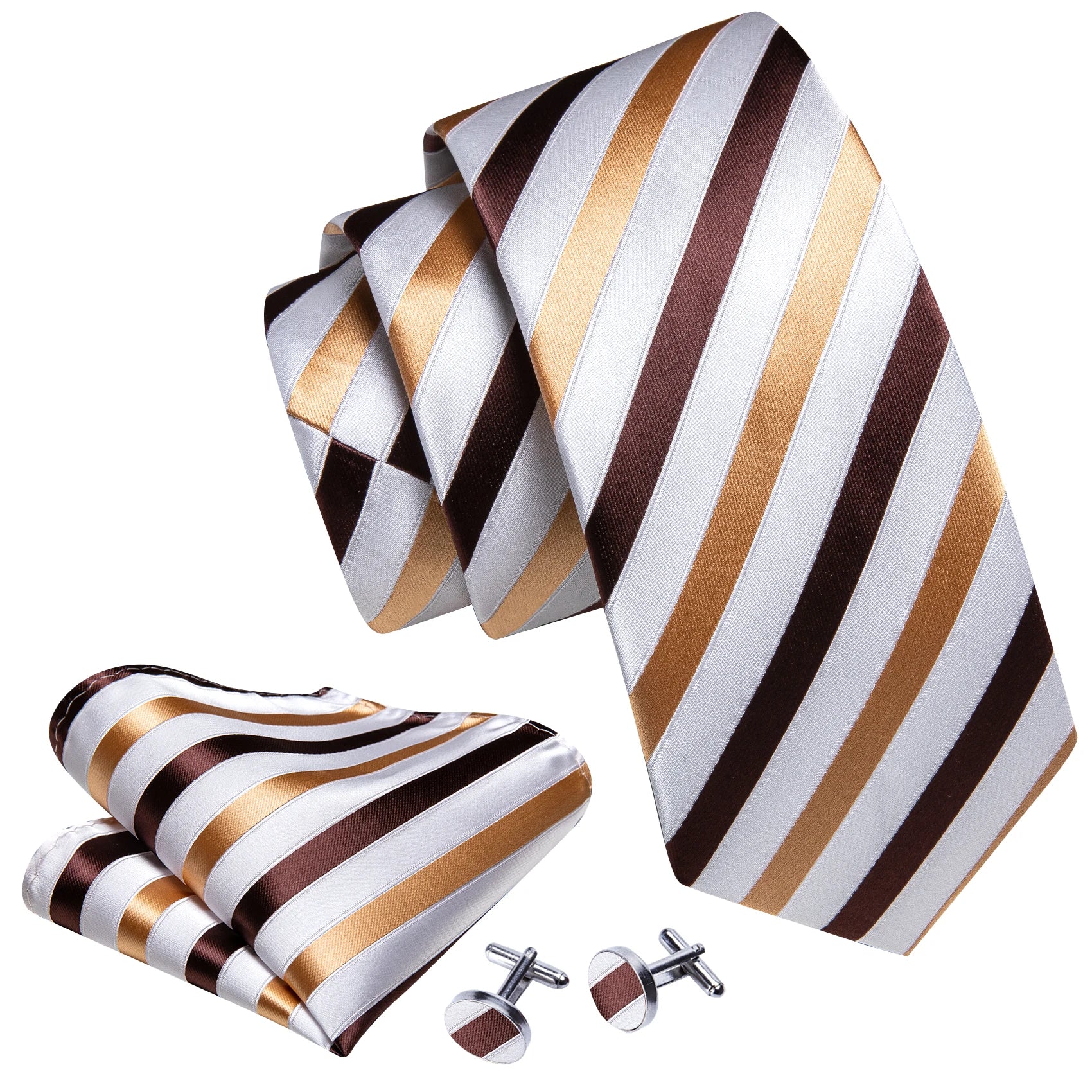 Fashion Khaki Striped Men Silk Necktie Fahsion Tie Handkerchief Cufflinks Sets Male Wedding Business Gift Barry.Wang Stylish