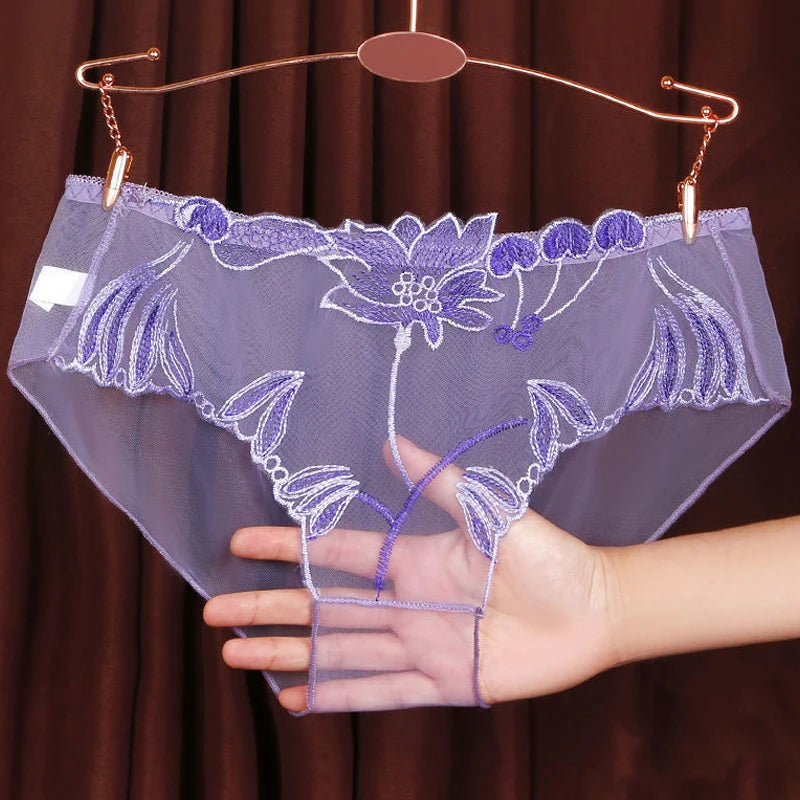 3PCS Solid Full Mesh Sexy Briefs Embroidered Floral Transparent Panties Plus Size Seamless Underwear Low Waist Erotic Lingerie