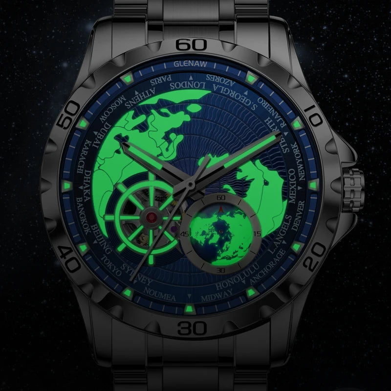2025 New GLENAW Earth Series Mechanical Watch Men Rotating Earth Dial Night Light Waterproof Top Luxury Design Mechanical Watch