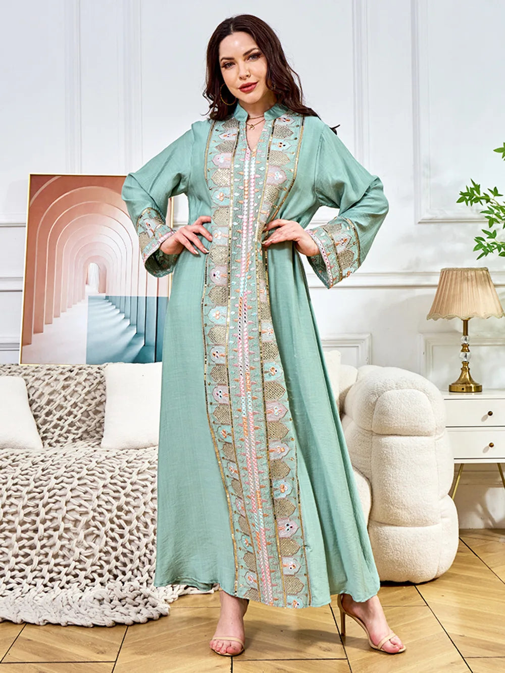 2025 Muslim Women Long Sleeve Kaftan Arabic Sequins Embroidered Party Evening Long Abaya Muslim Fashion Dresses Abaya Dubai