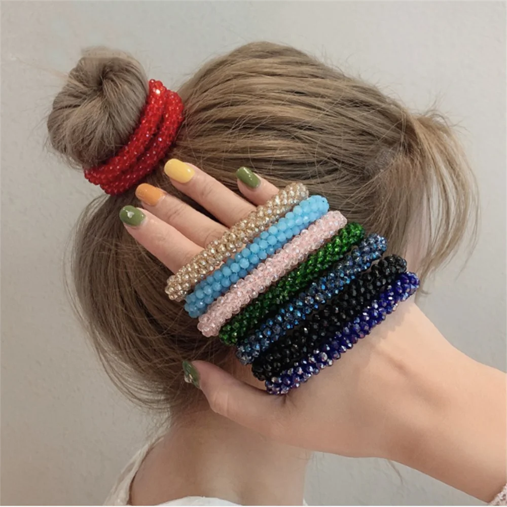 Crystal Beads Hair Ties for Women Vintage Ponytail Scrunchies Elastic Hair Bands Glass Beaded Rubber Hair Rope Accessories