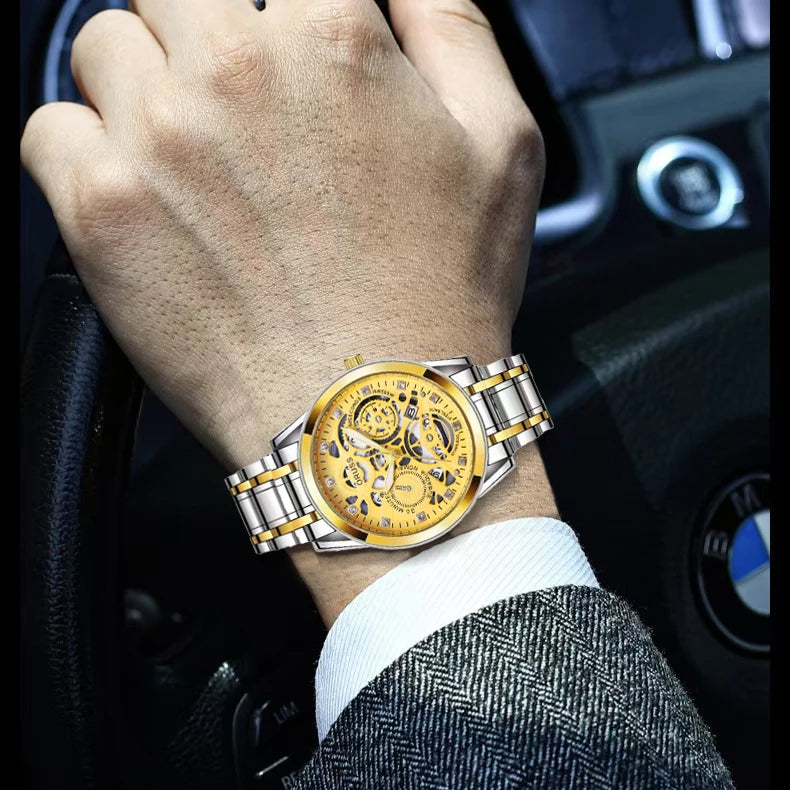 High-end personalized watches; fashionable stainless steel straps; durable and waterproof; hollow gear style; cool and trendy.