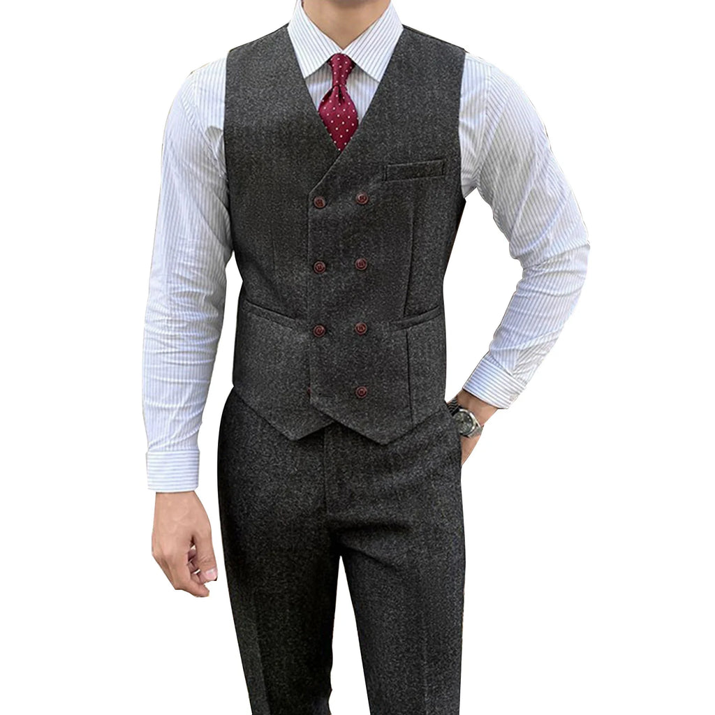 Vest Suit Men Groomsmen Clothes British Retro Tweed Vest Male Bridegroom Wedding Dress Brothers Outfit Waistcoat Pants Two Piece