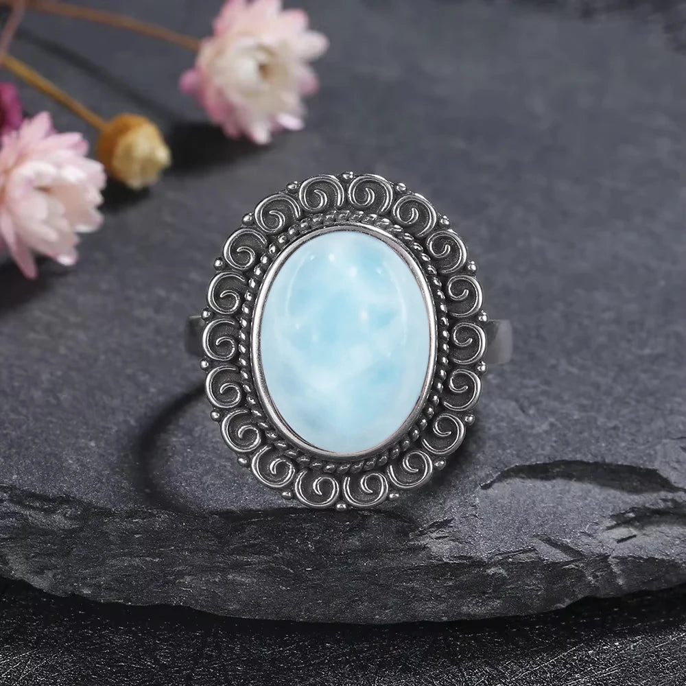 Vintage 925 Silver Ring Natural Larimar Stone Ring Round Flower Shape Sky Blue Summer Ring Fine Jewelry Gift for Men Women