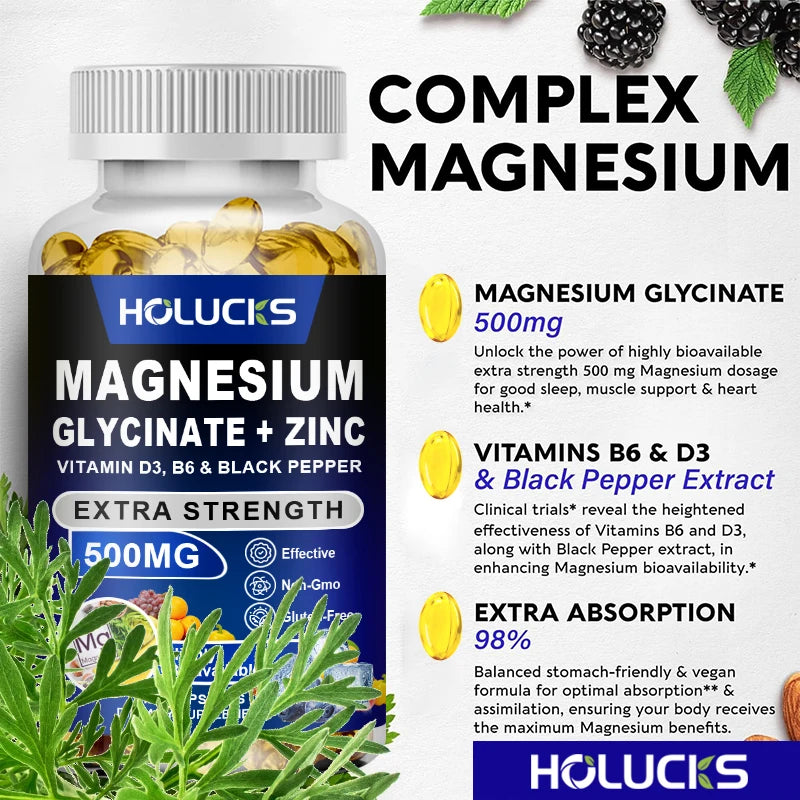 Magnesium Glycinate & Zinc 500mg - Chelated Supplement  - with Vitamin D3 & B6 - Support for Sleep, Muscle & Heart Health
