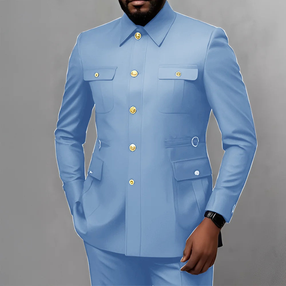 Men's 2-Piece Formal Suit, Utility Style, Golden Buttons, Suit + Trousers Combination, Fashionable Business Use