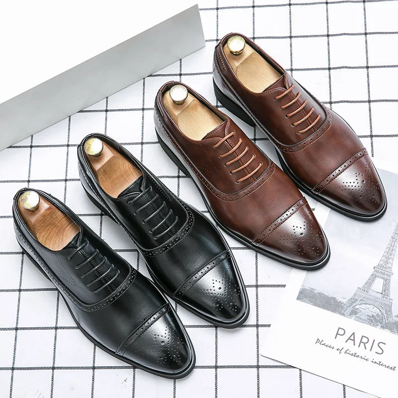Men's Dress Shoes Red Sole Leather Shoes Pointed Party Shoe Lace-up Office Oxfords Casual Wedding Shoe Retro Business Men Shoes