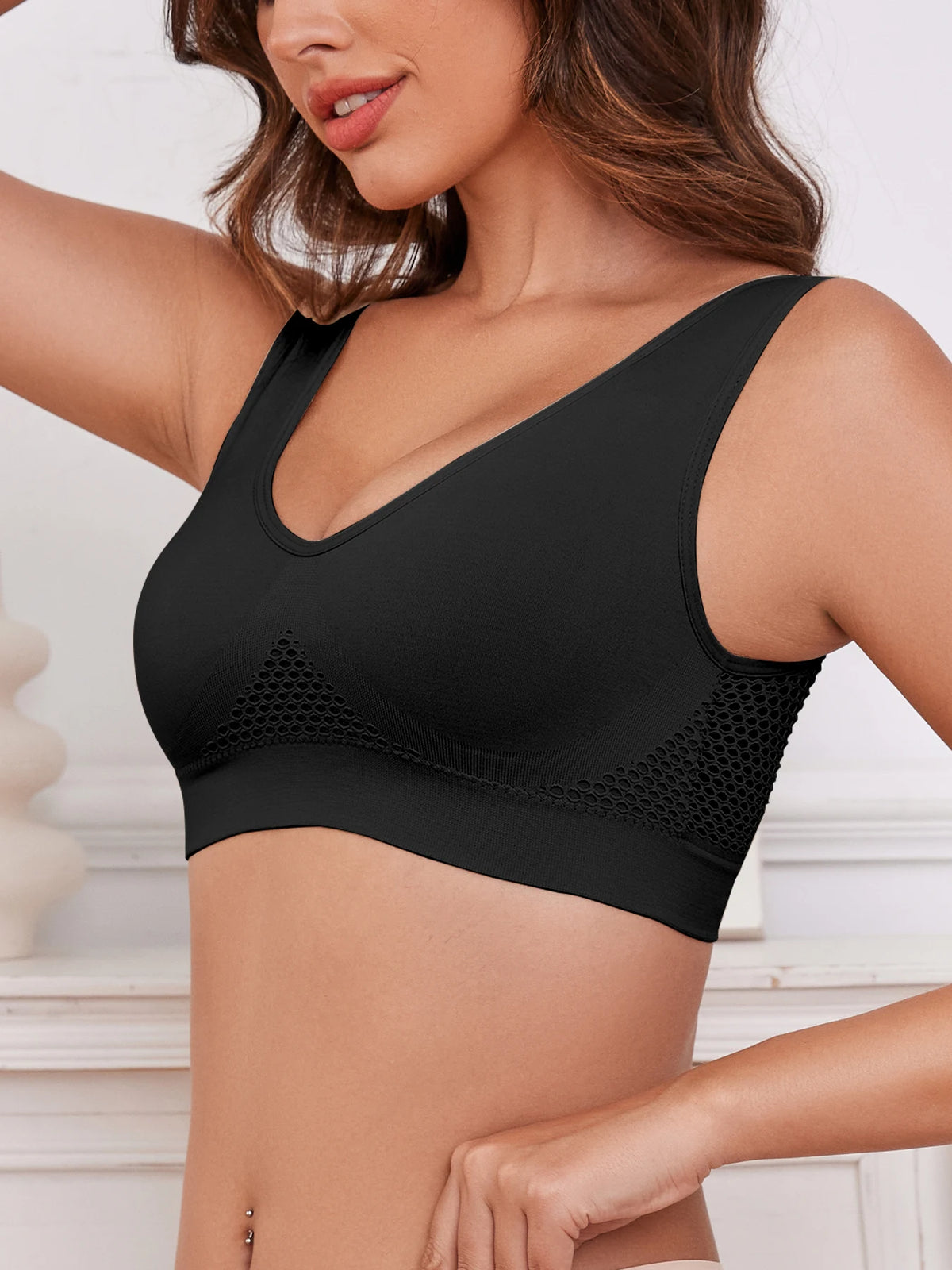 Women's Sports Bra Crop Top Fitness Gym Runing Sportswear Wireless Hollow Mesh Yoga Bra Sports Underwear Push Up@W03