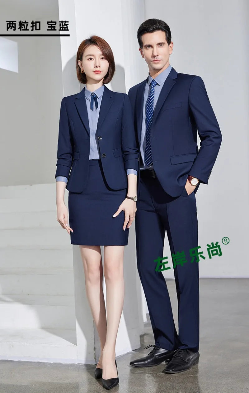 Men's Formal Business Suit Set Black Grey Blue Blazer Pants 2 Piece Work Wear For Office Sales Property 4S Store Staff