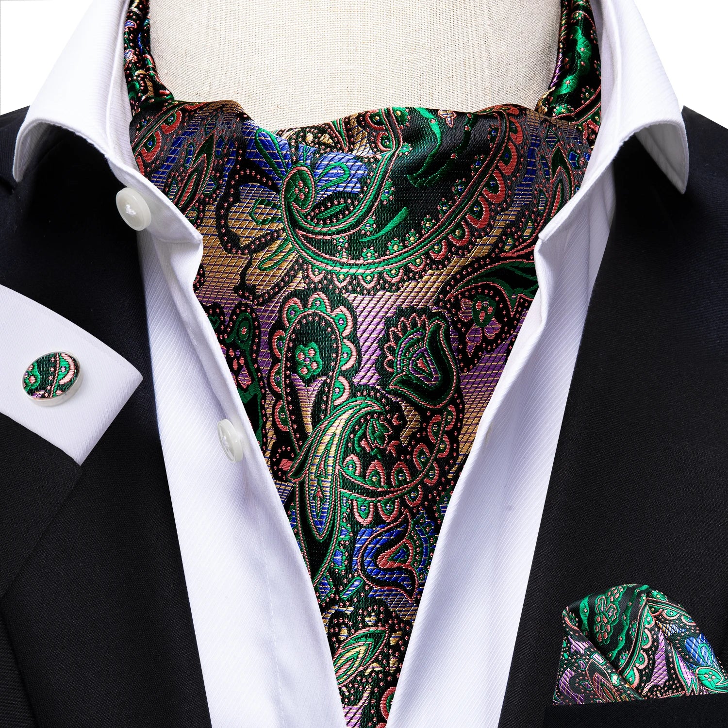 Hi-Tie Mens Ascot Black Pink Blue Red Gold Green Purple White Cravat Tie Hanky Cufflinks for Male Wedding Business Prom