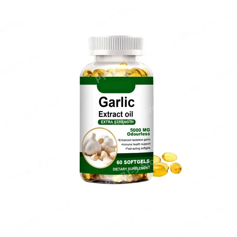 Odourless Garlic Extract Softgels 5000mg – Immune Boost & Heart Health Support – Fast-Acting Formula, 60 Tasteless Softgels