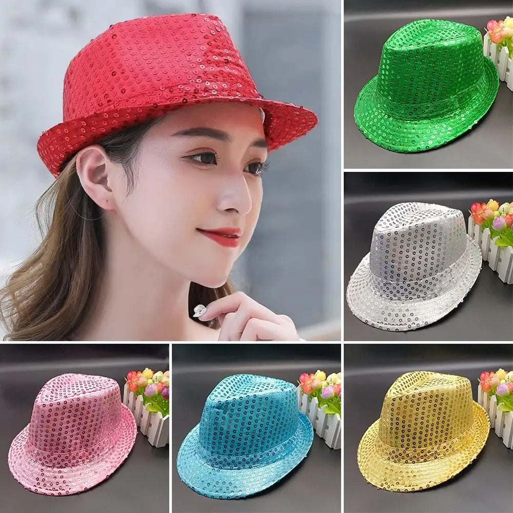 Men Women Jazz Hat Sequins Decorated Stage Dance Performance Cap Party Holiday Hat