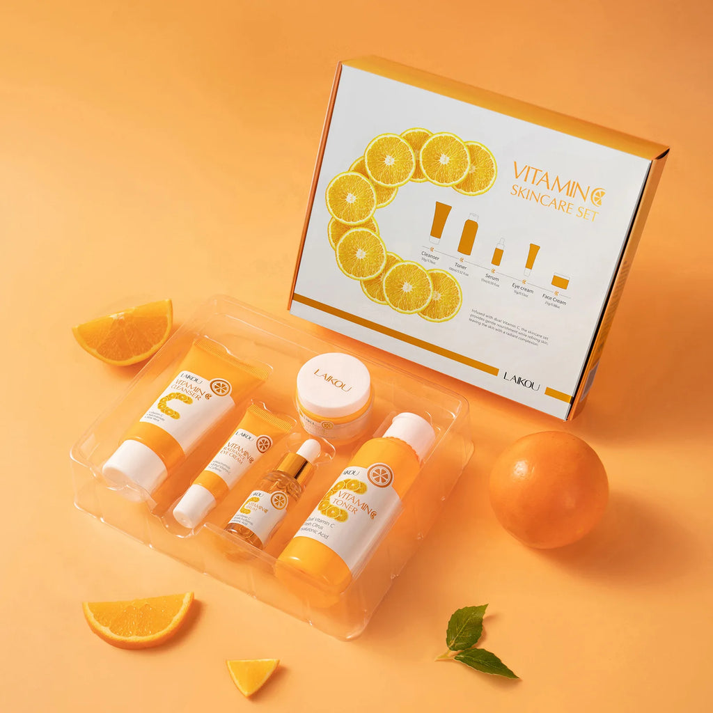 Facial Brightening Vitamin C Skincare 5pcs Set Essence Cream Serum Cleanser Toner Eye Moisturizer Care