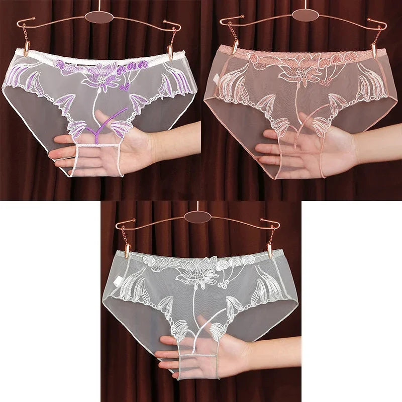 3PCS Solid Full Mesh Sexy Briefs Embroidered Floral Transparent Panties Plus Size Seamless Underwear Low Waist Erotic Lingerie
