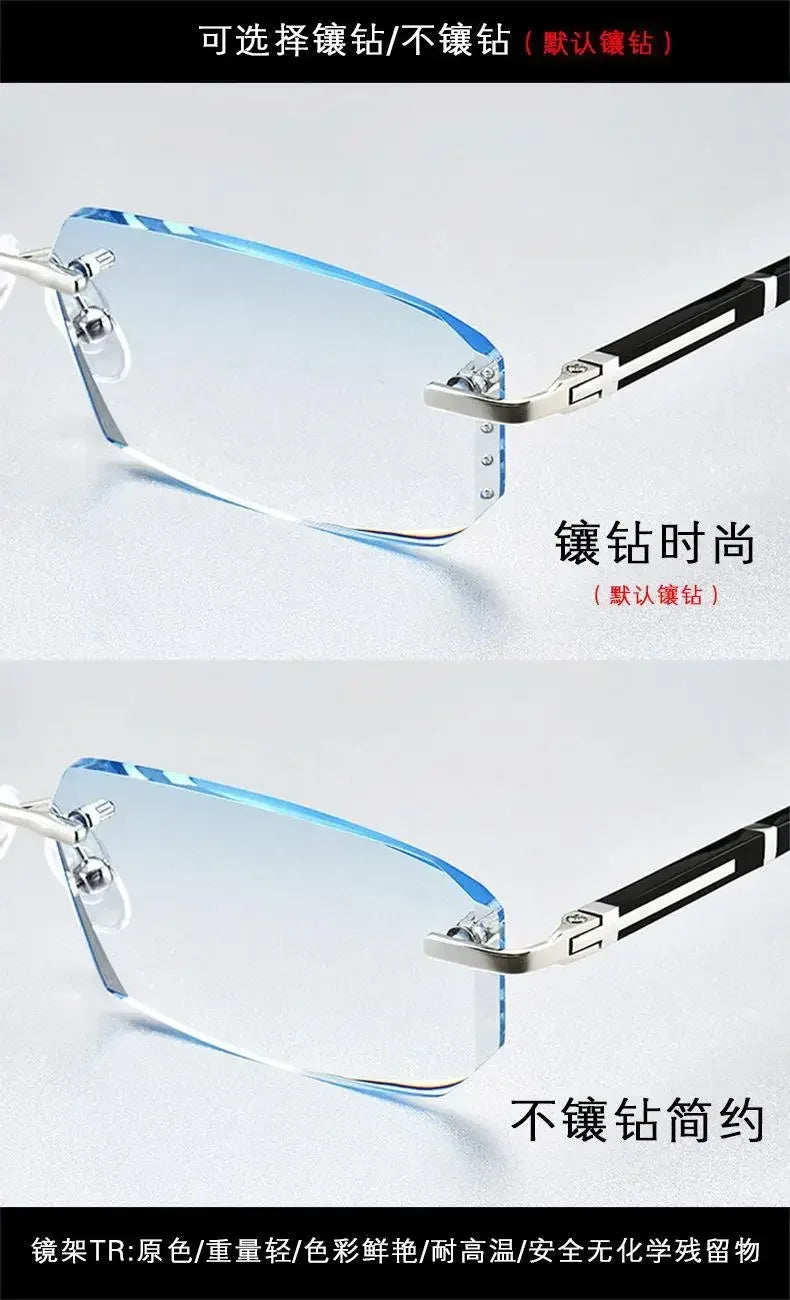 Myopia Glasses Frameless HD Optional Photochromic Glasses Anti Blue  Men's Anti Fatigue Clear Glasses