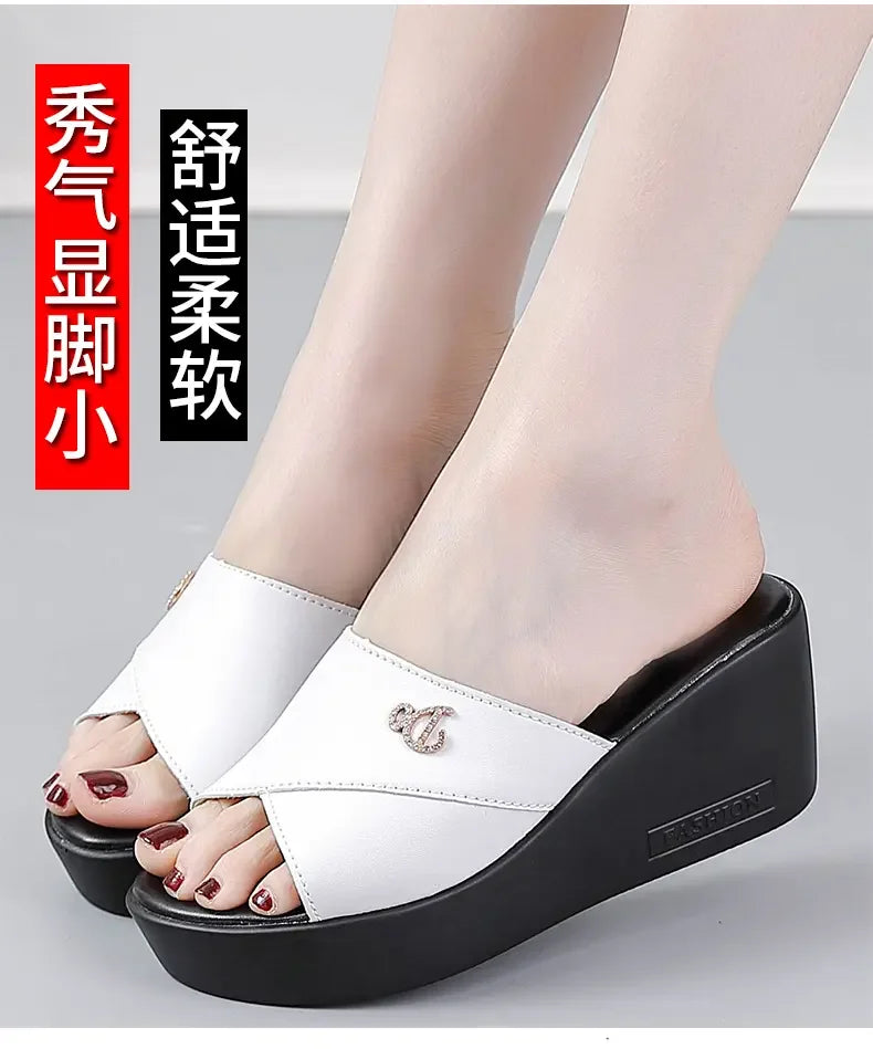 Women shoes Summer Fashion  leather Leisure shoes women platform wedges Fish Mouth Sandal Thick Bottom Slippers