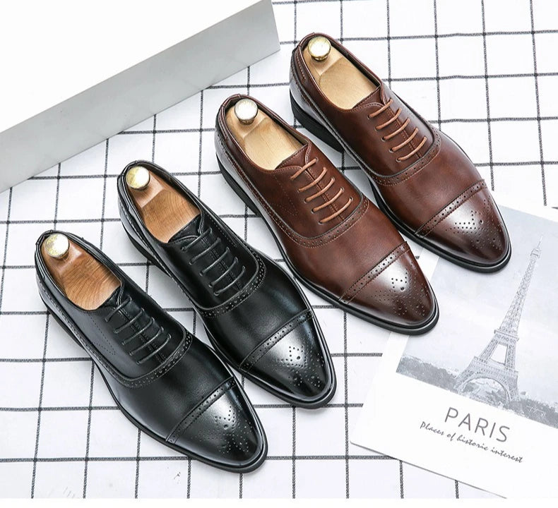 Men's Dress Shoes Red Sole Leather Shoes Pointed Party Shoe Lace-up Office Oxfords Casual Wedding Shoe Retro Business Men Shoes