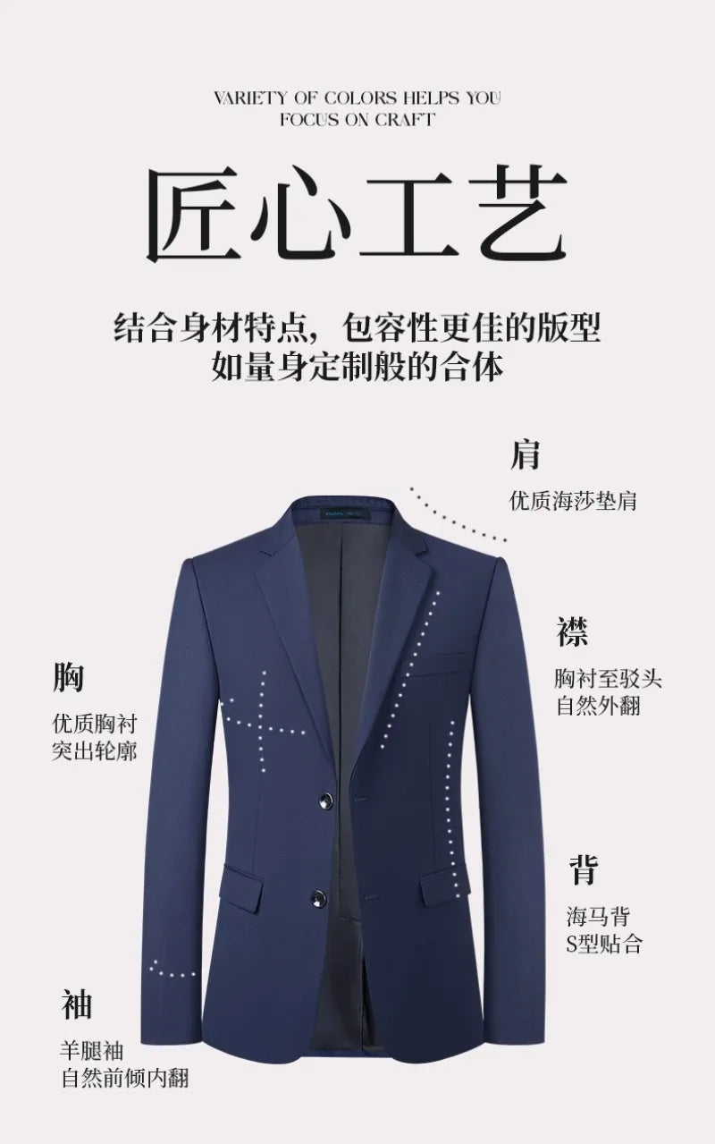 Men's Formal Business Suit Set Black Grey Blue Blazer Pants 2 Piece Work Wear For Office Sales Property 4S Store Staff