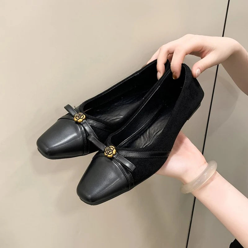 Women's Dance Shoes, Lightweight Breathable Square Toe Bow Flats, PU Leather Office Dress Shoes for Banquet, Date & Party