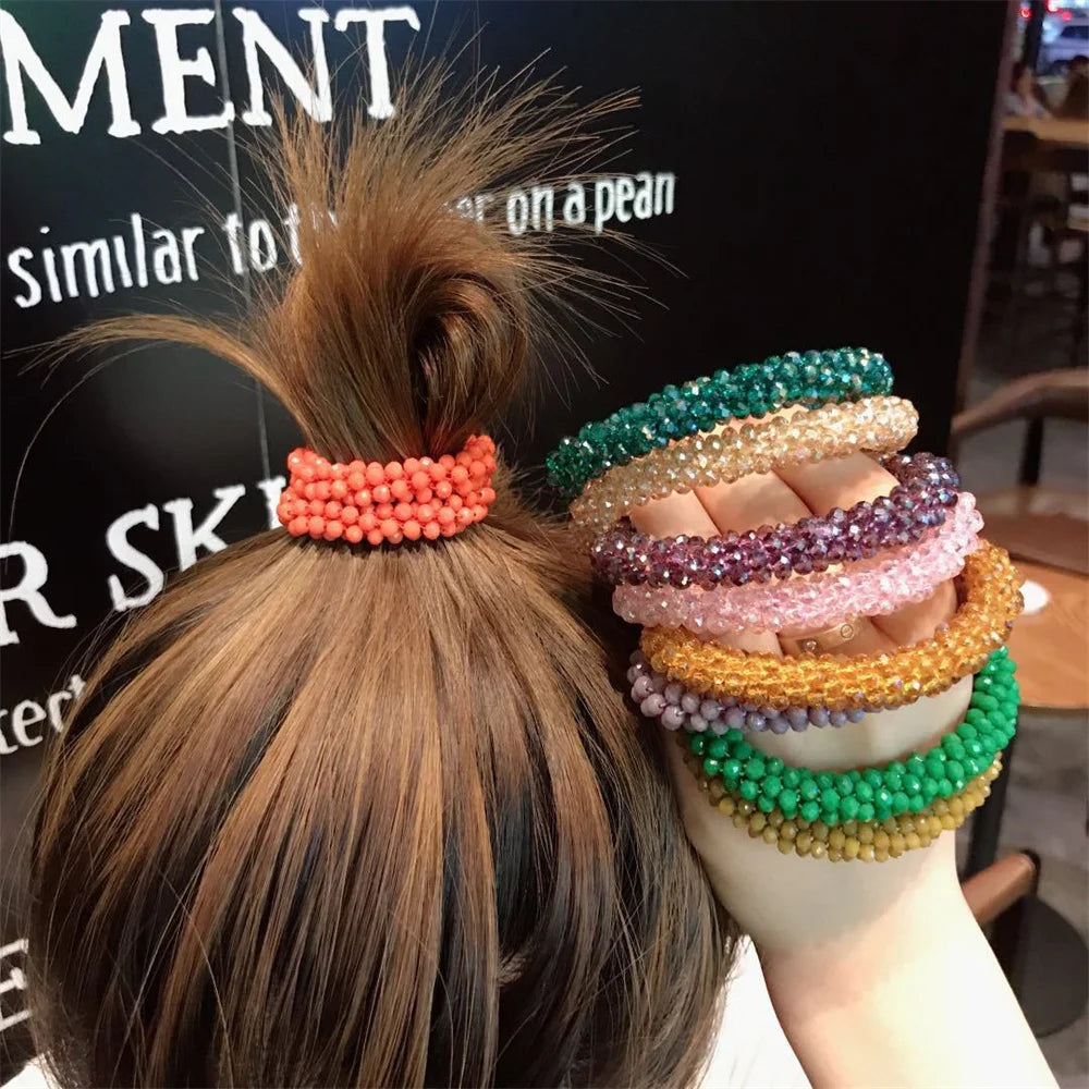 Crystal Beads Hair Ties for Women Vintage Ponytail Scrunchies Elastic Hair Bands Glass Beaded Rubber Hair Rope Accessories