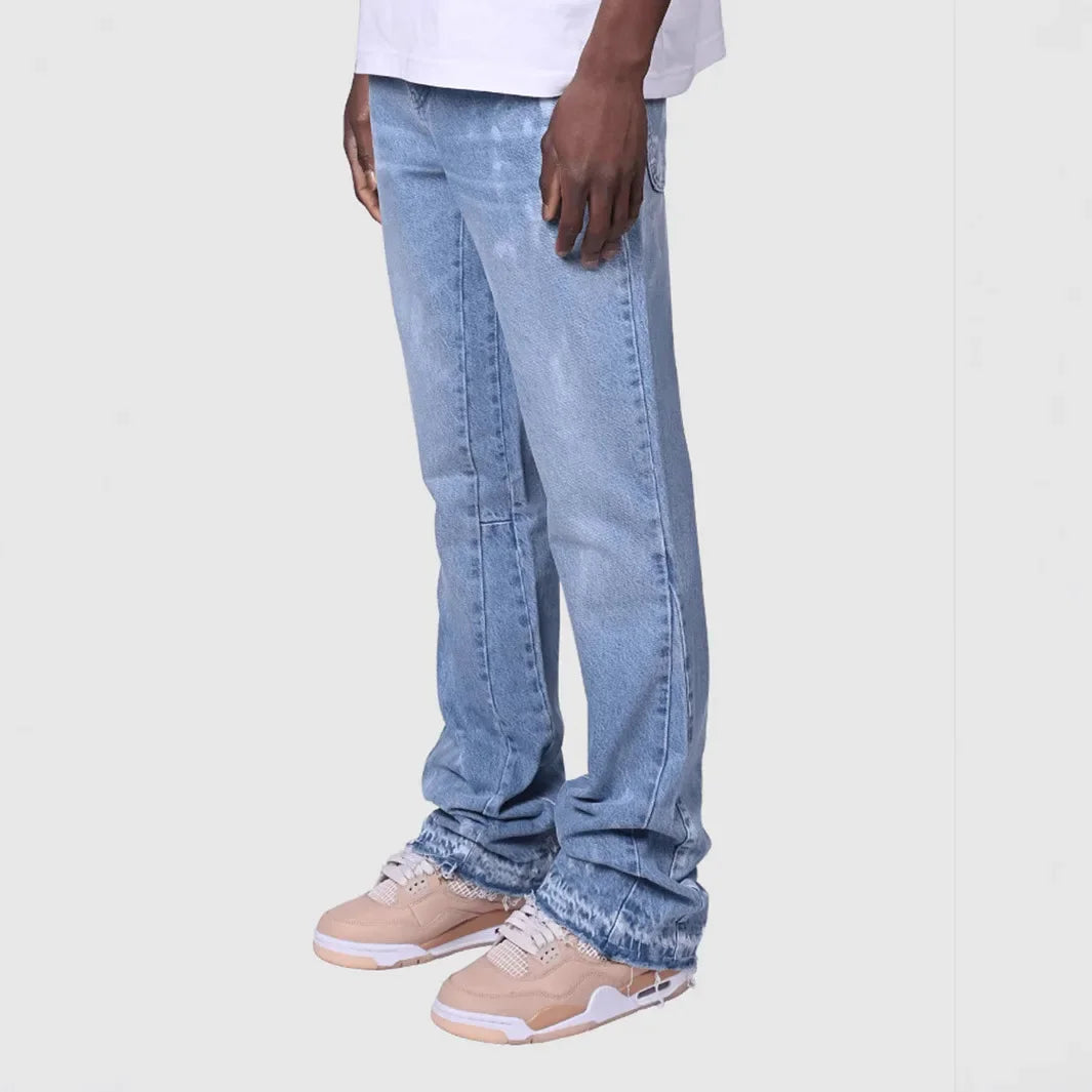 Men's Fashion Jeans Work Pants, European and American Fashion Workwear Elastic Patchwork Denim Layered Flared Pants S-XXL