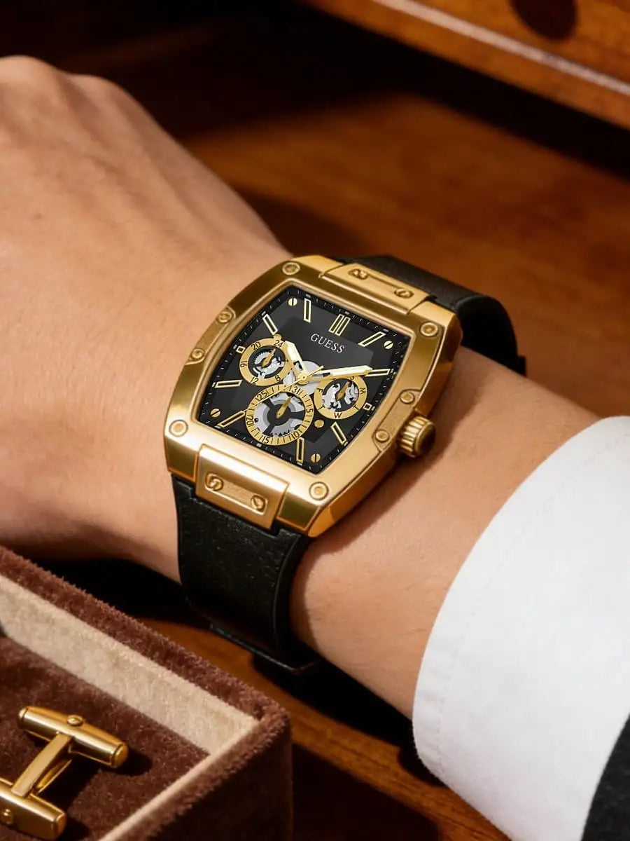 GUESS Watches for Men Original Luxury Gold Tone Black Dial Tonneau Multifunction Quartz Chronograph Silicone Strap Wristwatch