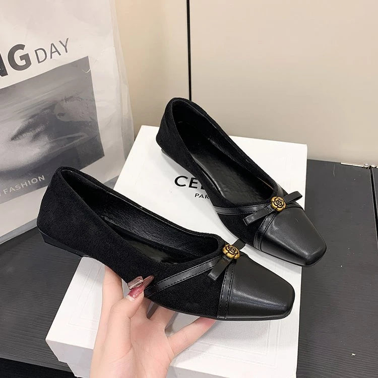 Women's Dance Shoes, Lightweight Breathable Square Toe Bow Flats, PU Leather Office Dress Shoes for Banquet, Date & Party