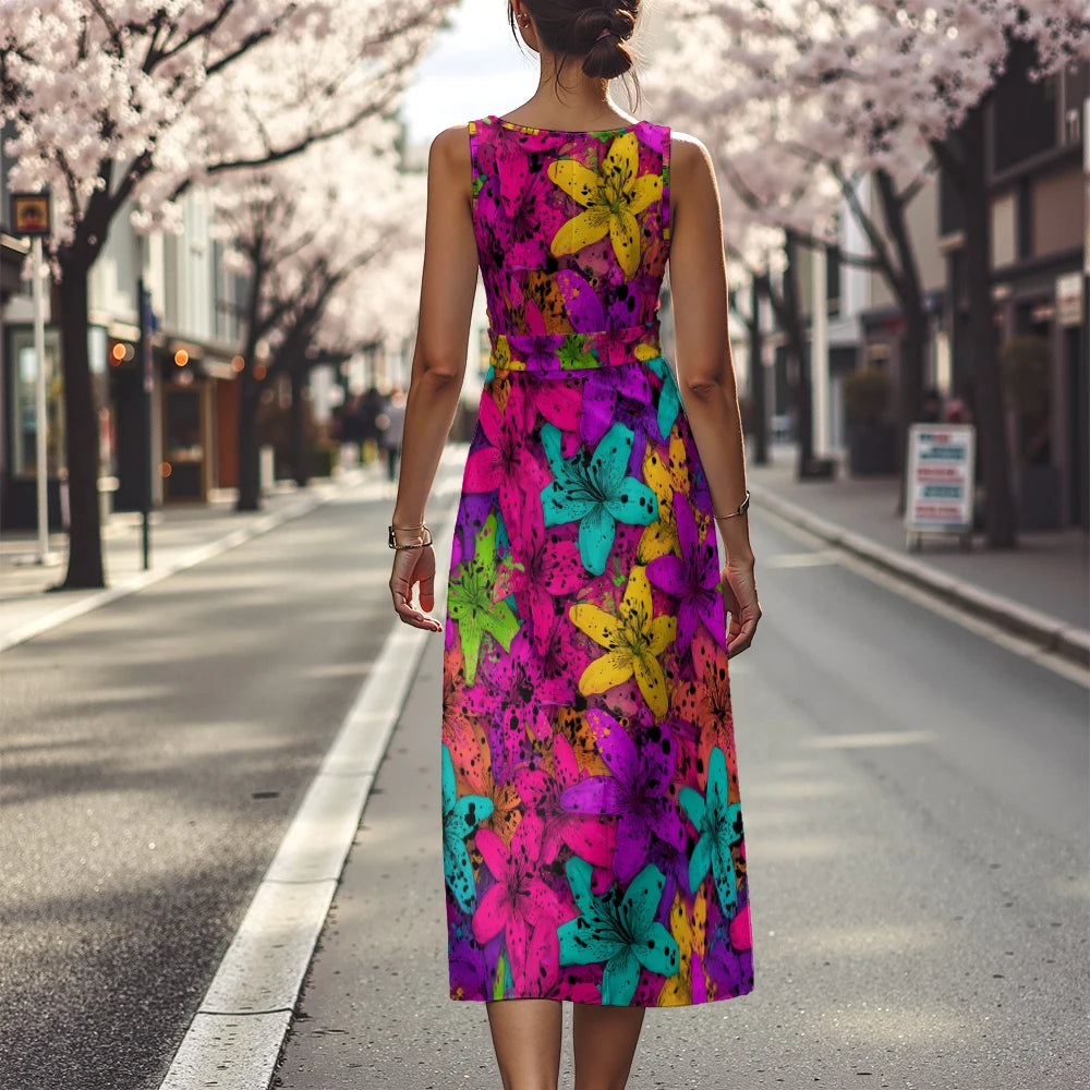 Elegant Floral Dress for Women Breathable A-Line Sleeveless Dress Chic Blue & White with Pink Blooms Office To Vacation Dress