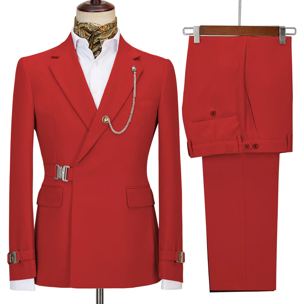 Elegant Men's Suit 2 Pieces Fashion Metal Buckle Jacket Boutique Business Casual Suit Coat Groom Wedding Dress (Blazers+Pants)