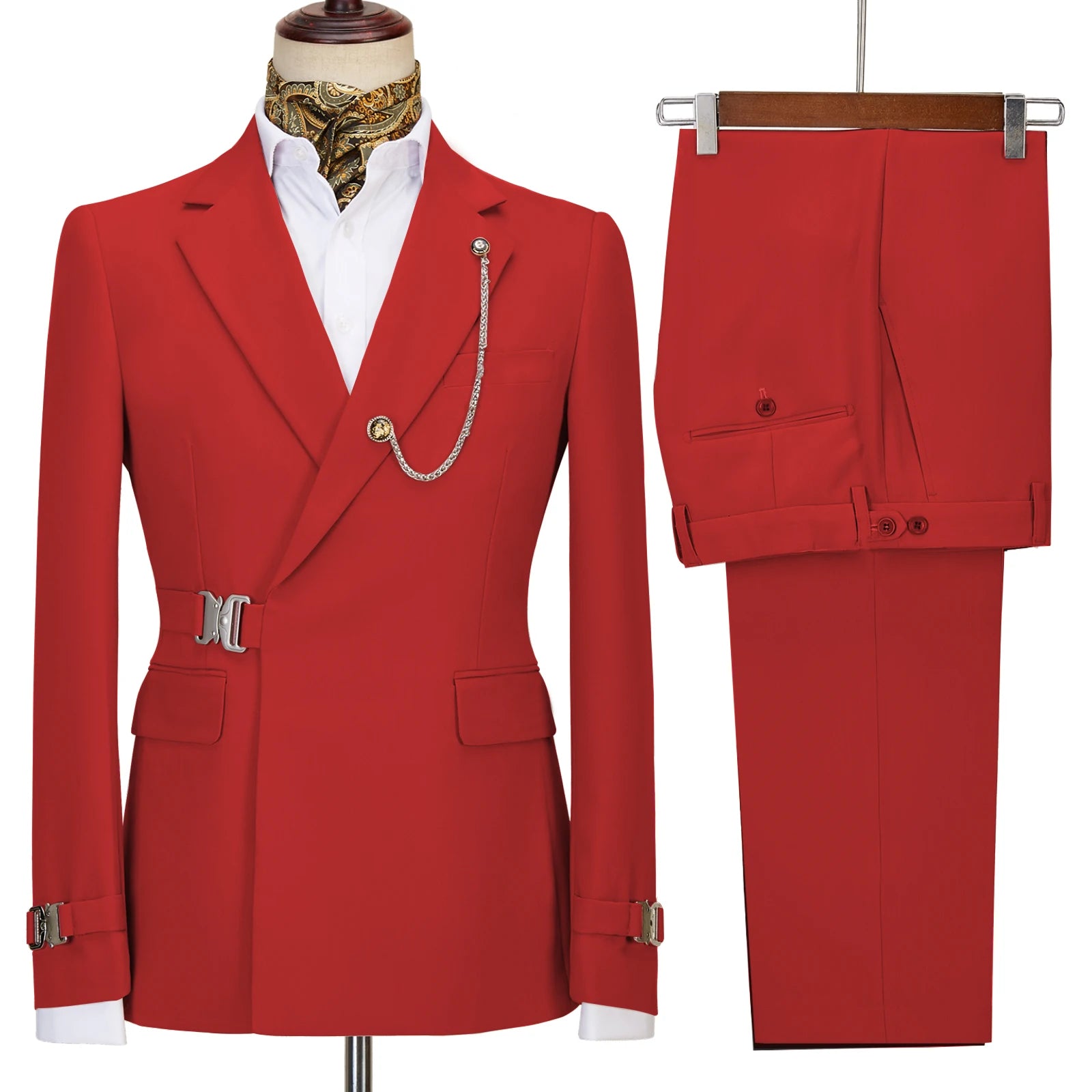 Elegant Men's Suit 2 Pieces Fashion Metal Buckle Jacket Boutique Business Casual Suit Coat Groom Wedding Dress (Blazers+Pants)