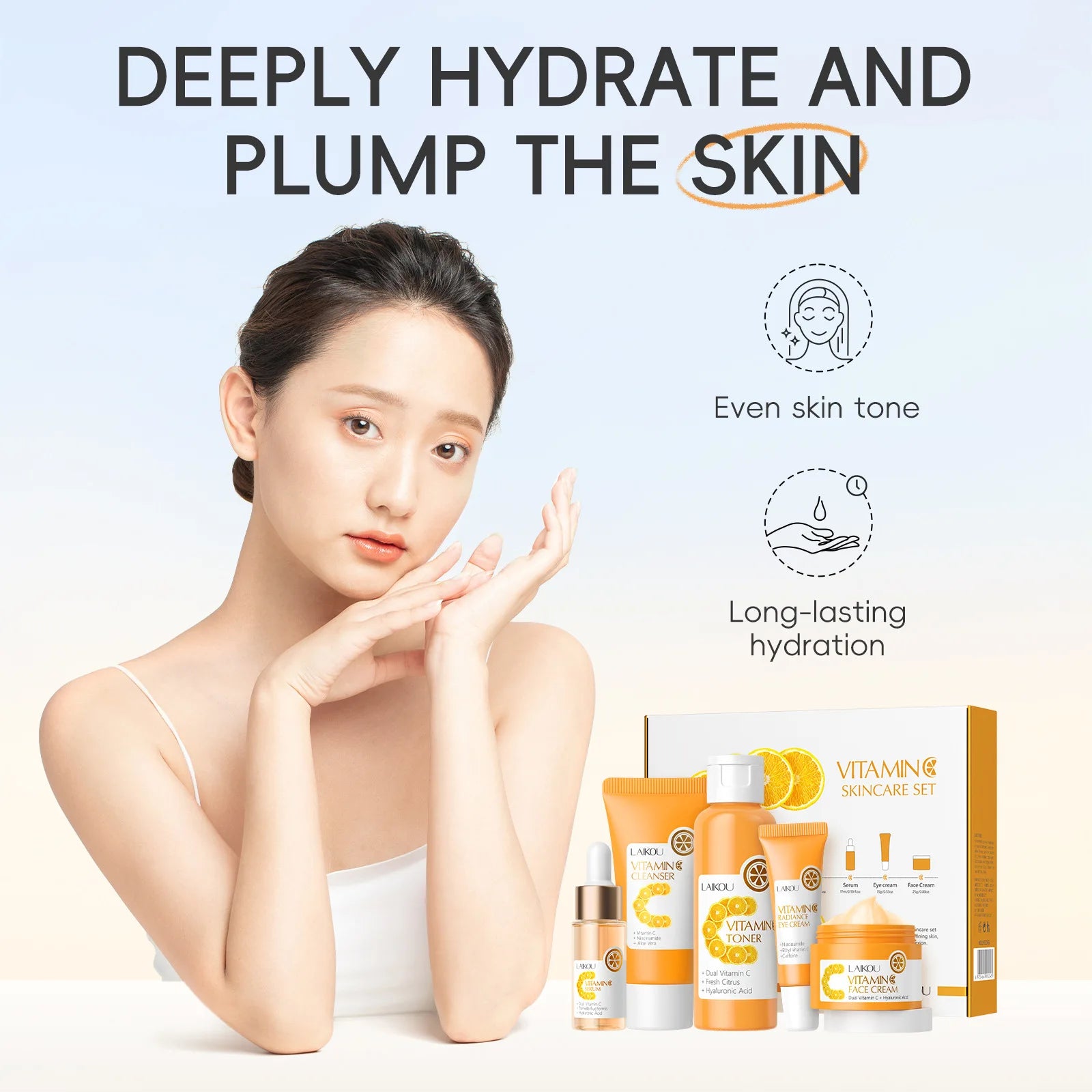 Facial Brightening Vitamin C Skincare 5pcs Set Essence Cream Serum Cleanser Toner Eye Moisturizer Care