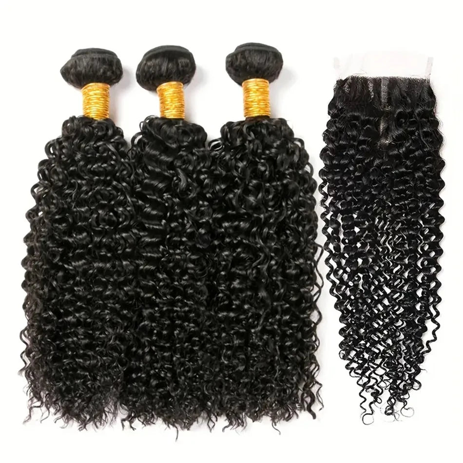 Long Kinky Curly Human Hair Bundles with Closure Frontal Peruvian Hair Bundles with Closure Remy 100% Human Hair Extensions