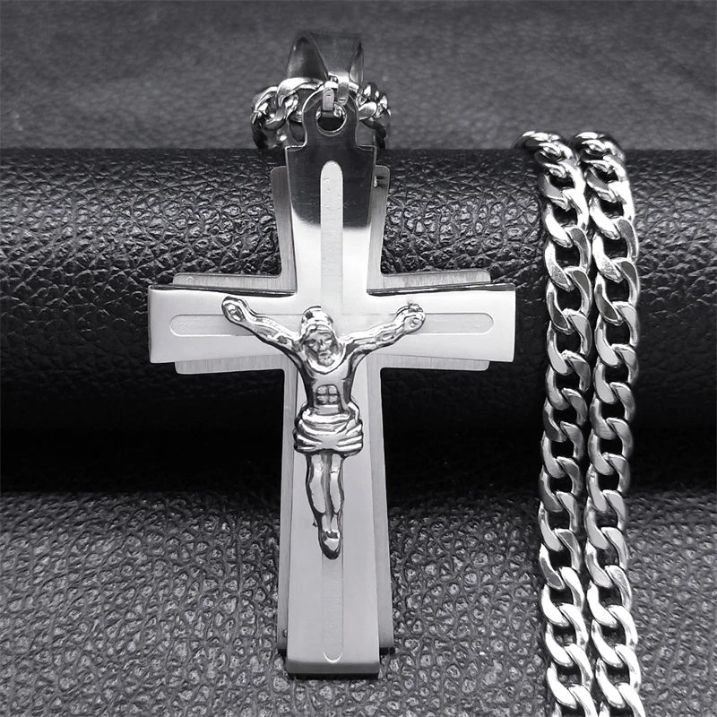 Jesus Cross Necklace Women Stainless Steel Chain for Men Silver Color Crucifix Religious Necklaces Jewelry Cruz collar N2343S05