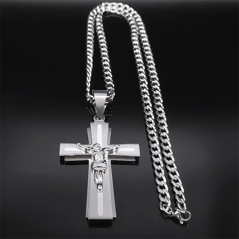 Jesus Cross Necklace Women Stainless Steel Chain for Men Silver Color Crucifix Religious Necklaces Jewelry Cruz collar N2343S05