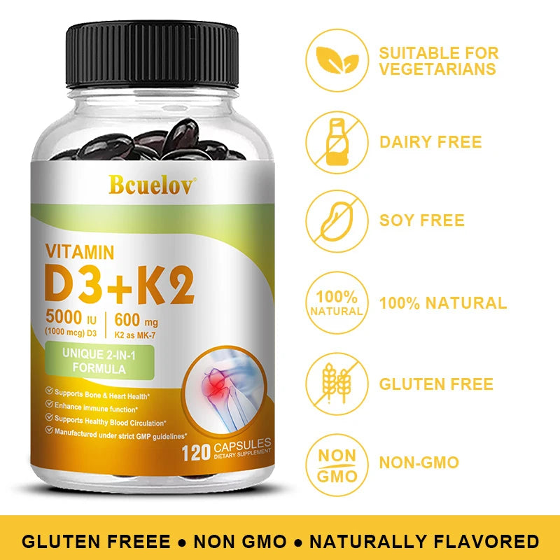 Bcuelov Vitamin D3+K2, 5000 IU Vitamin D3, non-GMO formula, easy-to-swallow vitamin D and K complex dietary supplement