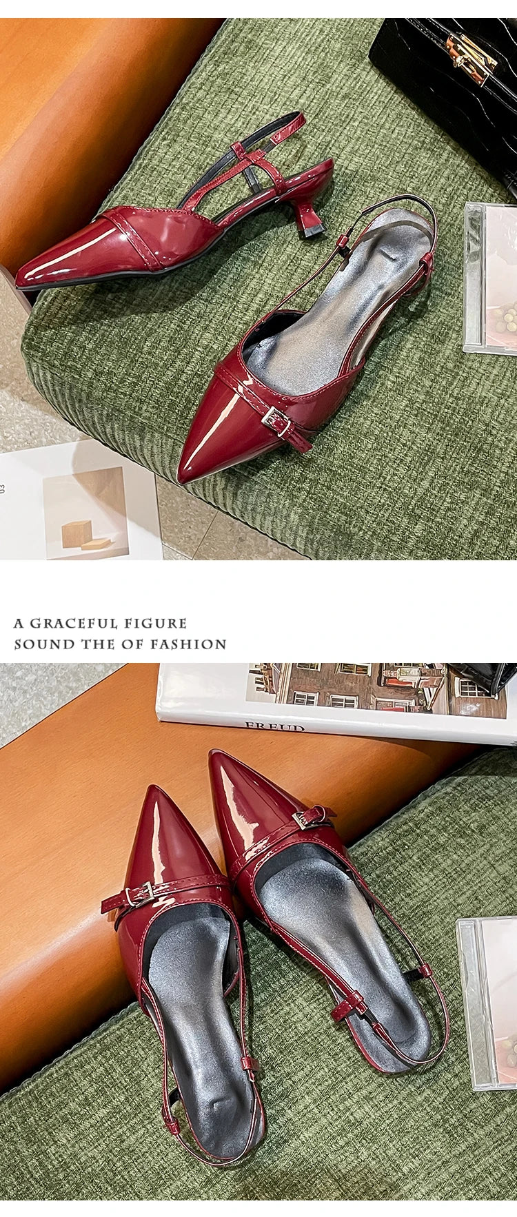 2026 New Summer Women's Dress Shoes Patent Leather Slip on Pointed Toe Sandals Buckle Slingbacks Mid Heels Pumps Sandalias Mujer