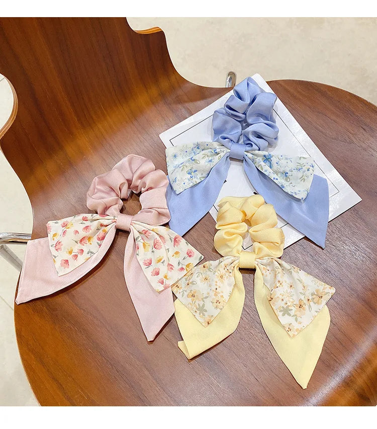 New Floral Print Bow Elastic Hair Bands Women Hair Ties Women Elegant Ribbon Rubber Band Headwear Girls Women  Hair Accessories