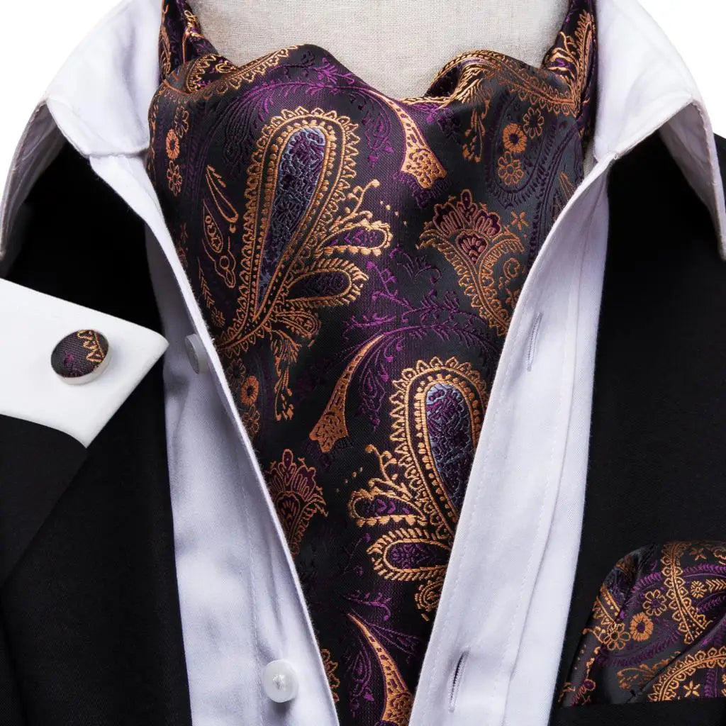 Hi-Tie Mens Ascot Black Pink Blue Red Gold Green Purple White Cravat Tie Hanky Cufflinks for Male Wedding Business Prom