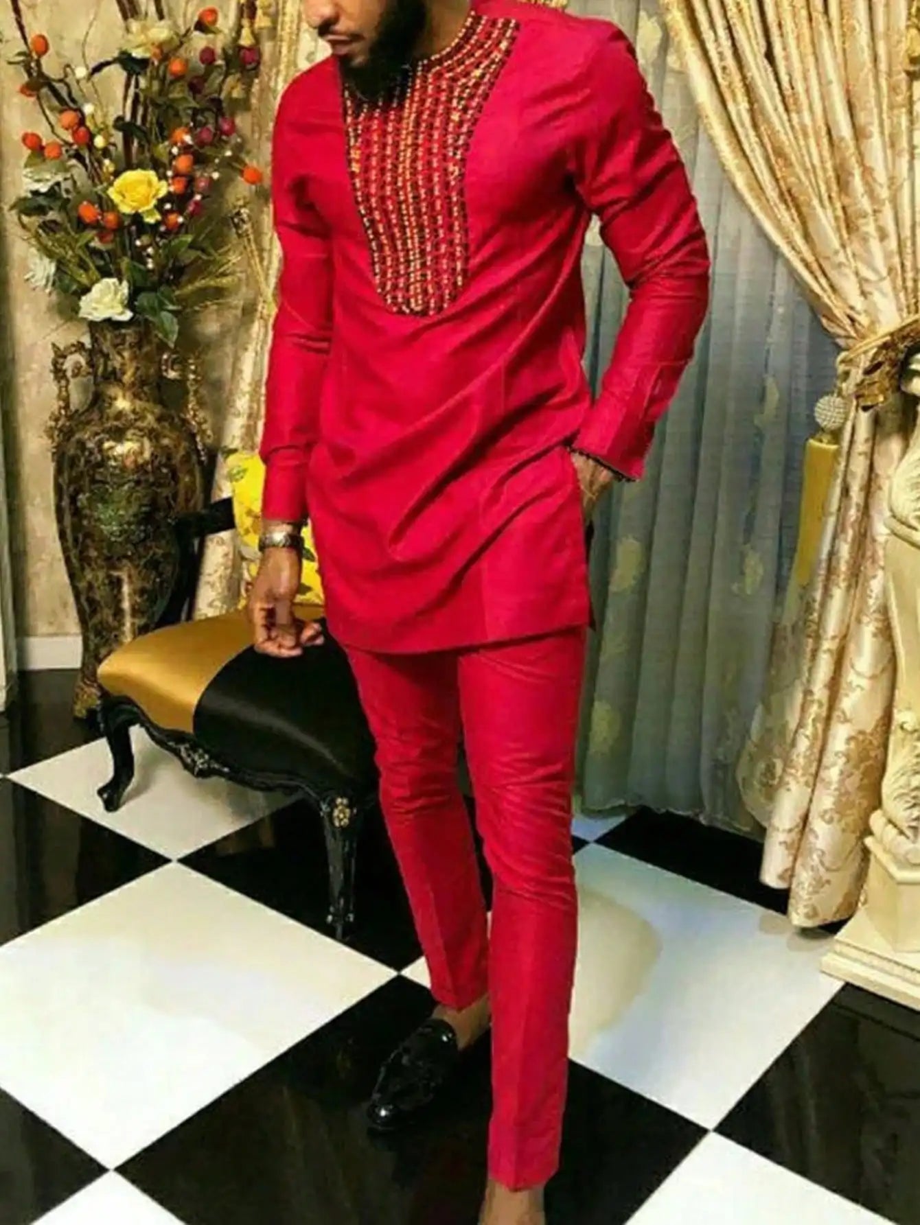 African traditional dress men's suit Long sleeve ethnic style printed patchwork shirt casual pants 2 piece holiday casual suit