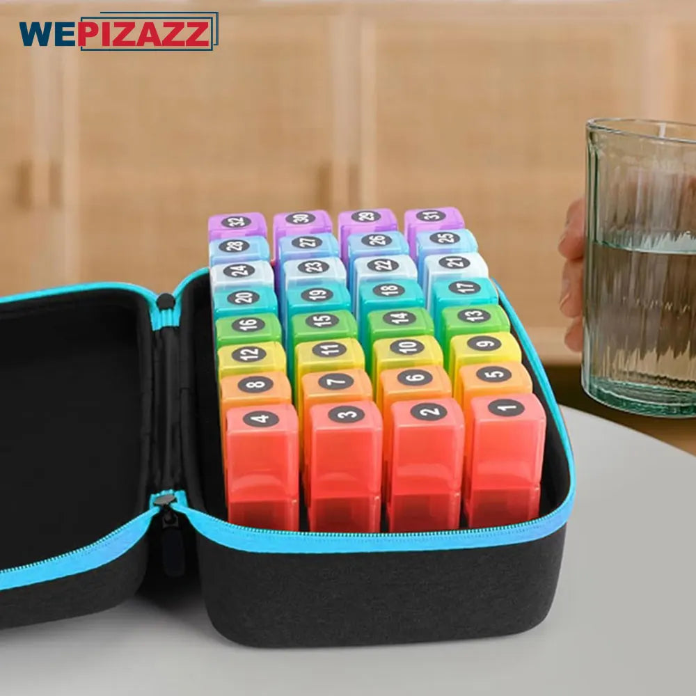 Pills Box Organizer with Travel Case, Monthly Medicine Organizer with 32 Daily Compartments for Vitamin, Fish Oil & Supplements