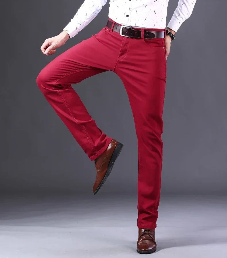 Men's Jeans Pure White Fashion Elastic Slim Youth Slimming Straight Leg Male Pants Business Casual Middle Age High End Trousers